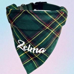 Dog bandana with collar personalized adjustable Scottish check green optionally embroidered with name cloth neckerchief checked dog bandana