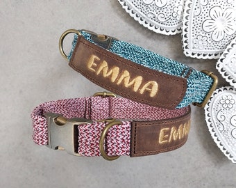 Personalisiertes Halsband Tauhalsband flach bestickt Verstellbar Individuell Altmessing Echtleder dog collar 7 Farben