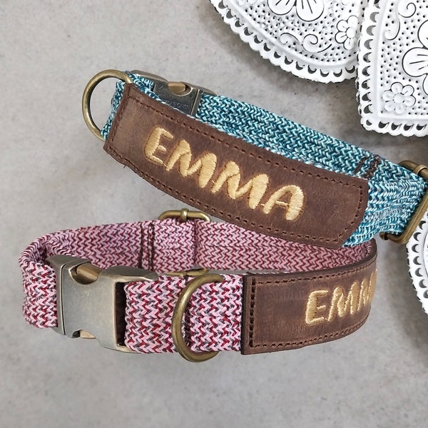 Personalisiertes Halsband Tauhalsband flach bestickt Verstellbar Individuell Altmessing Echtleder dog collar 7 Farben