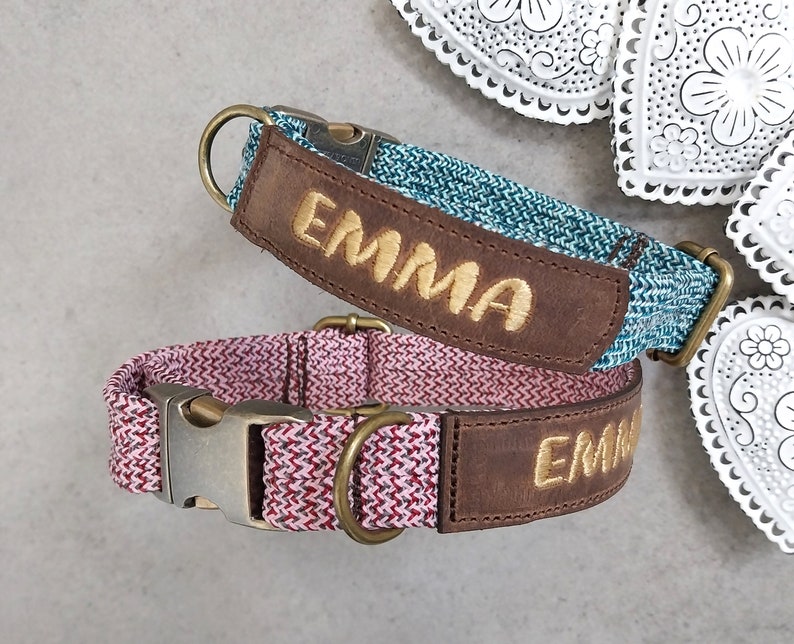 Personalized collar dew collar flat embroidered adjustable individually antique brass genuine leather dog collar 7 colors image 1