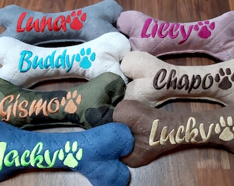 Personalized dog bone with embroidered name, dog toy with squeaker or rattle, dog toy, dog bone