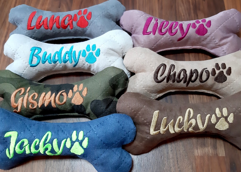 Dog bone 26 cm embroidered with name toy dog toy personalized with squeaker or rattle bone dog toy dog bone image 1