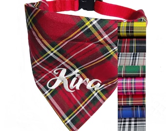 Dog bandana with collar size XXL adjustable Scottish check personalized embroidered cloth neckerchief checked dog bandana