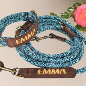 Personalized dog leash or collar rope leash embroidered double carabiner adjustable dog leash antique brass silver genuine leather collar