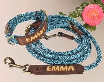 Personalisierte Hundeleine oder Halsband Tauleine bestickt Doppelkarabiner Verstellbar dog leash Altmessing Silber Echtleder collar