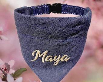 Jeans Hundehalstuch mit Halsband bestickt personalisiert Halstuch Tuch Hund Geschenk Baumwolle dog bandana