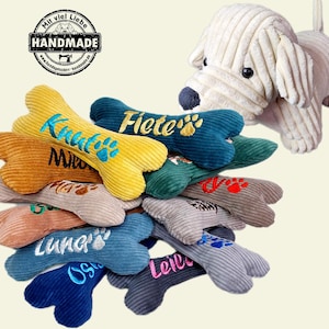 Hueso para perro 19 cm bordado con nombre juguete para perro juguete personalizado con chirriador o sonajero hueso juguete para perro hueso para perro