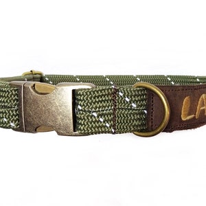 Personalisiertes Halsband Tauhalsband flach bestickt Verstellbar Individuell Altmessing Echtleder dog collar 7 Farben Olivgrün reflektier.