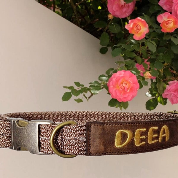 Personalized collar dew collar flat embroidered adjustable individually antique brass genuine leather dog collar 7 colors