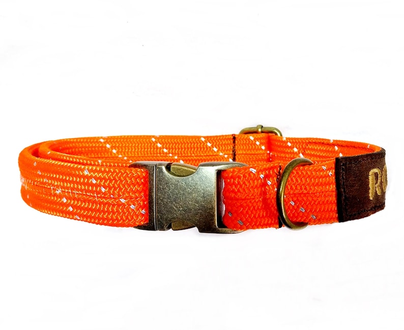 Personalized collar dew collar flat embroidered adjustable individually antique brass genuine leather dog collar 7 colors Orange reflektier.