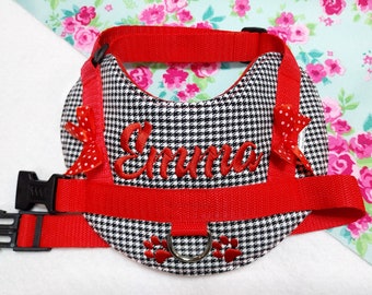 Hundegeschirr personalisiert S M L XL XXL mit Wunsch Namen bestickt Hahnentritt Pepita Muster dog harness