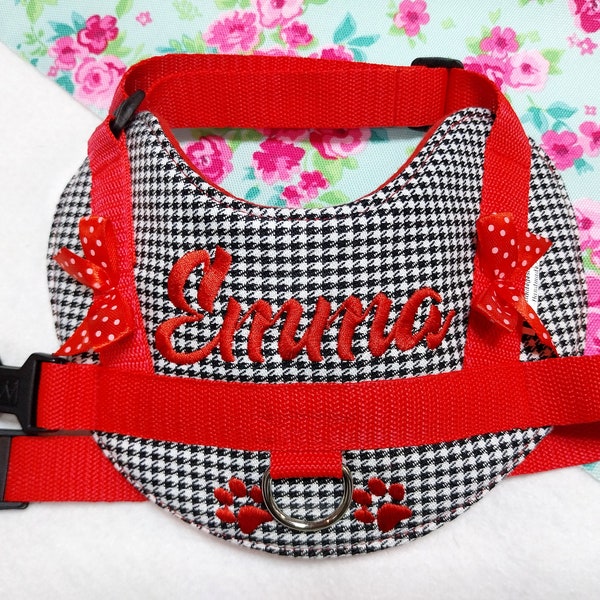 Hundegeschirr personalisiert S M L XL XXL mit Wunsch Namen bestickt Hahnentritt Pepita Muster dog harness