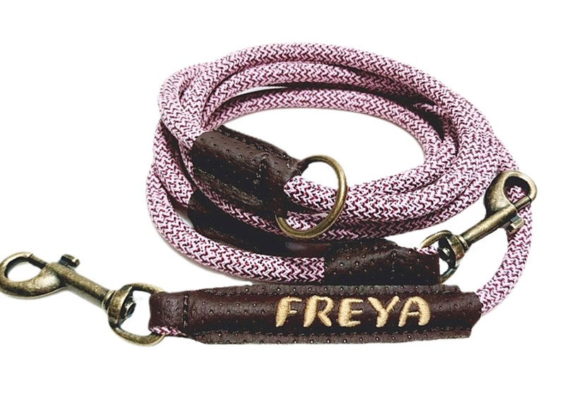 Personalized dog leash or collar Tauleine embroidered Double carabiner Adjustable Individual dog leash Antique brass genuine leather collar Rosa meliert