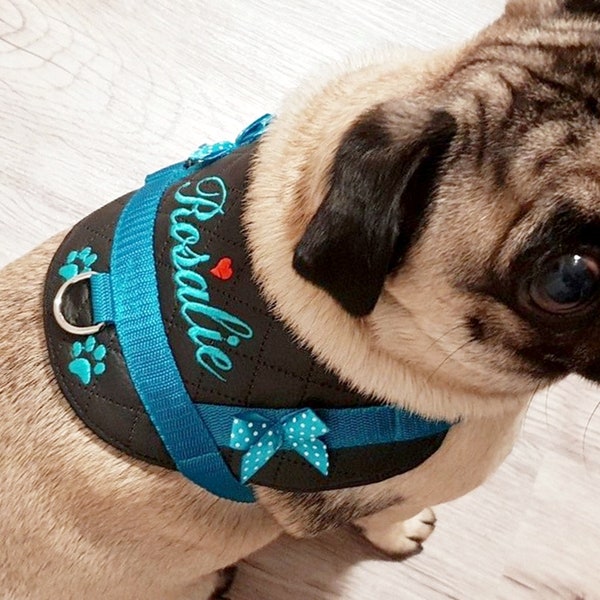 Dog harness personalized S M L XL XXL with desired name embroidered faux leather black turquoise harness dog harness