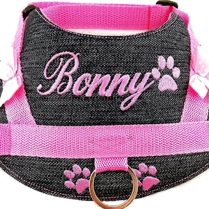 Dog harness personalized S M L XL XXL with desired name embroidered jeans pink harness dog harness