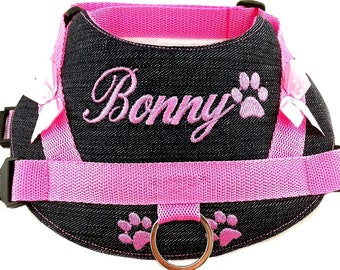 Harnais pour chien personnalisé S M L XL XXL avec nom souhaité jeans brodés harnais rose harnais pour chien