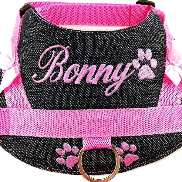 Dog harness personalized S M L XL XXL with desired name embroidered jeans pink harness dog harness