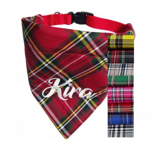 Dog bandana with collar size M adjustable Scottish check 8 colors embroidered with name personalized checked dog bandana