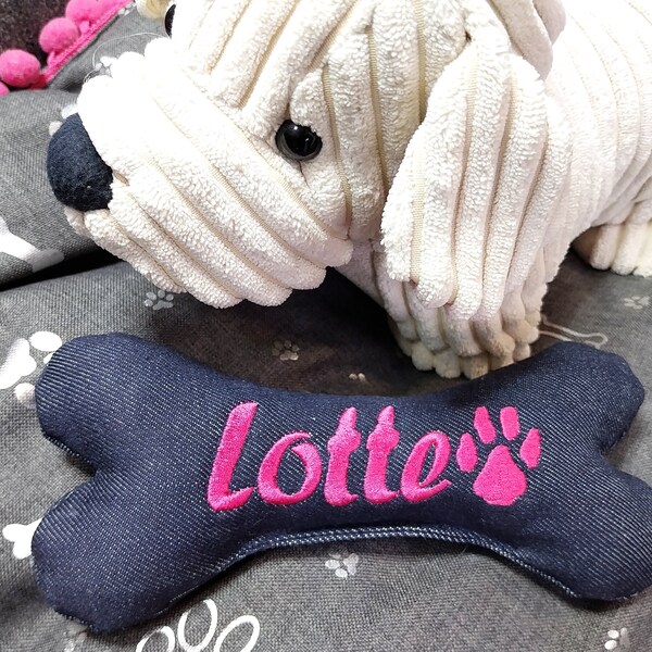 Jeans dog bone 3 sizes embroidered with name toy dog toy personalized with squeaker or rattle bone dog toy dog bone