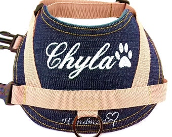 Dog harness personalized S M L XL XXL with desired name embroidered jeans harness dog harness