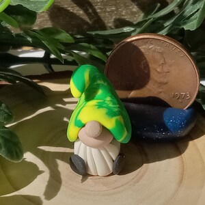 Tiny Clay Gnome, Green & Yellow Hat Miniature Gnome Figure, Handmade Gnome, Little Fairy Garden Gnome Accessory