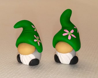 2 Miniature Polymer Clay Gnomes with Flowers on Hats, Adorable Mini Gnomes for Fairy Garden, Planters, Tabletop Display, Office Desk Friends