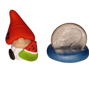 Cute Miniature Clay Gnome Figure, Gnome with Watermelon, Handmade Tiny Gnome, Fairy Garden Gnome, Planter Embellishment, Plant Buddy