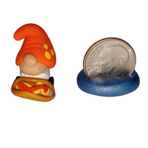 Tiny Gnome with Hotdog, Handmade Polymer Clay Gnome Figure, Fairy Garden Accent, Picnic Gnome, Desk Friend, Plant Buddy, Gnome Gift, Little