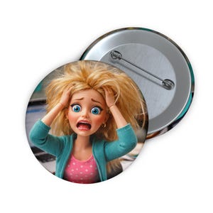 Panicked Cartoon Woman Button Pin, 2.25" Round Pinback