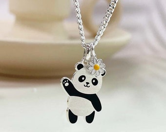 Baby Personalized Silver Hello Panda Necklace in Sterling Silver | Custom Engraved Necklace for Baby, Toddlers, Kids, Silver 925