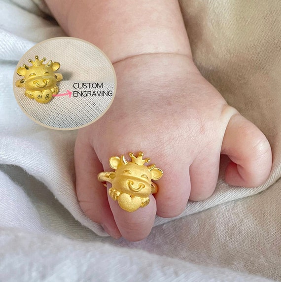 1PCS Pure 999 24K Yellow Gold Ring 3D Hard Gold Lucky Pixiu Baby Ring  US5-7.5 / Best Gift
