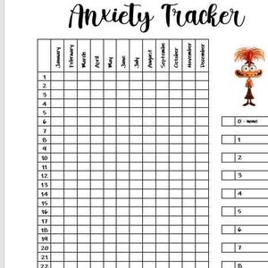 Puede incluir: Un rastreador de ansiedad en blanco y negro con una cuadrícula de 31 días por 12 meses. El rastreador está etiquetado como "Anxiety Tracker" y tiene una escala del 0 al 10, donde 0 es "ninguno" y 10 es "horrible".