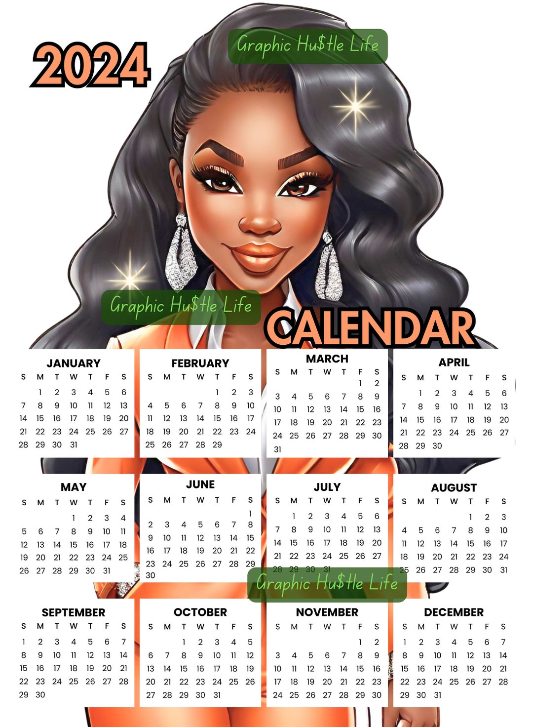 2024 One Page Calendar I 2024 Printable Calendar Black Woman Art Etsy