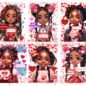 12 枚のバレンタインデー カード バンドル、かわいい黒人の女の子のバレンタインデー カード png、学校のバレンタイン、アフリカ系アメリカ人のバレンタイン、印刷可能なカード