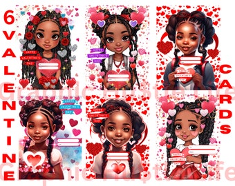 12 Valentine&#39;s Day Cards Bundle, Cute Black Girl Valentine Day Cards png, School Valentines, African American Valentines, Printable Cards