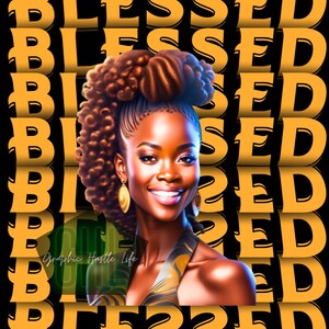 May include: A digital illustration of a woman with brown curly hair wearing a gold and black patterned top. The background is black with the word "Blessed" repeated in a yellow, bold font.