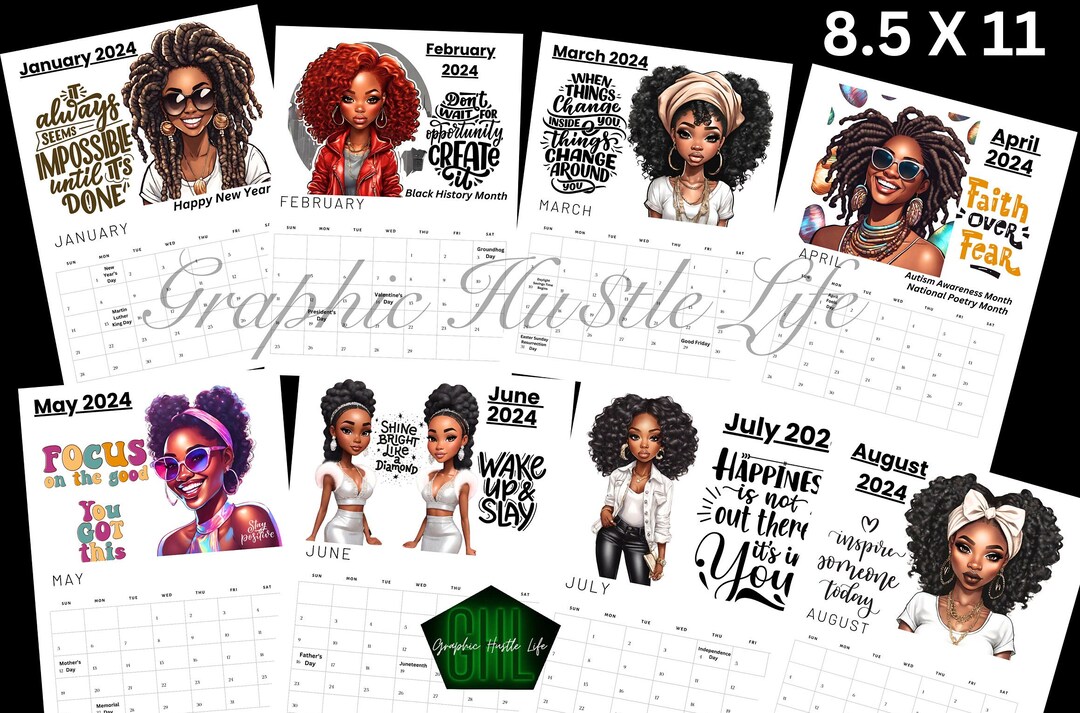 2024 Printable 12 Month Calendar, Black Women Calendar, 2024 Calendar