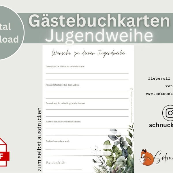 Gästebuchkarten zur Jugendweihe (digital download)