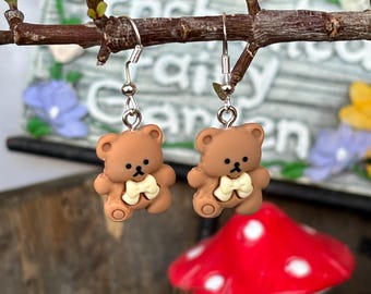 Sterling Silver Teddy Bear Dangle Earrings, Cute Animal Jewelry