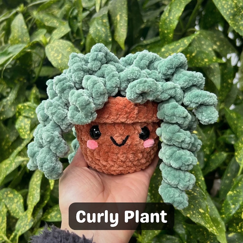 May include: A crocheted curly plant in a brown pot with a happy face. The plant is green and the pot has pink cheeks. The text "Curly Plant" is below the plant.