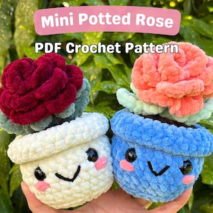 ミニ鉢植えのバラ PDF かぎ針編みパターン (かぎ針編みのバラ、あみぐるみのバラ、チャンキーヤーンのかぎ針編みの花、MinniesCrochetFriend)