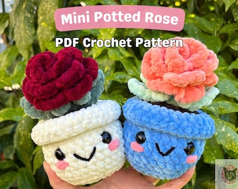 Wzór na szydełkową miniaturową różę w doniczce w formacie PDF (róża szydełkowa, róża amigurumi, kwiat szydełkowy z grubej włóczki, MinniesCrochetFriend)