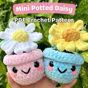 May include: Two crocheted potted daisy plants. One is pink with a white daisy and the other is blue with a yellow daisy. Both have cute faces.