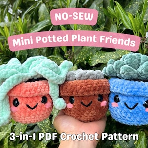 May include: Three crocheted mini potted plant friends, each with a different coloured pot and plant. The pots are orange, brown, and blue. The plants are green and have cute faces. The text "NO-SEW Mini Potted Plant Friends" and "3-in-1 PDF Crochet Pattern" are visible in the image.