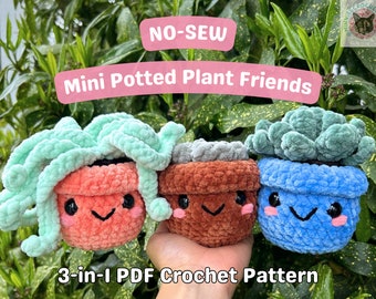 No-Sew Mini Potted Plant Friends PDF Crochet Pattern (crochet plants, amigurumi plants, no-sew crochet, chunky yarn, MinniesCrochetFriend)