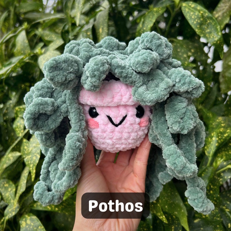 May include: A crocheted plush toy shaped like a plant with a pink face and the word "Pothos" written below it.