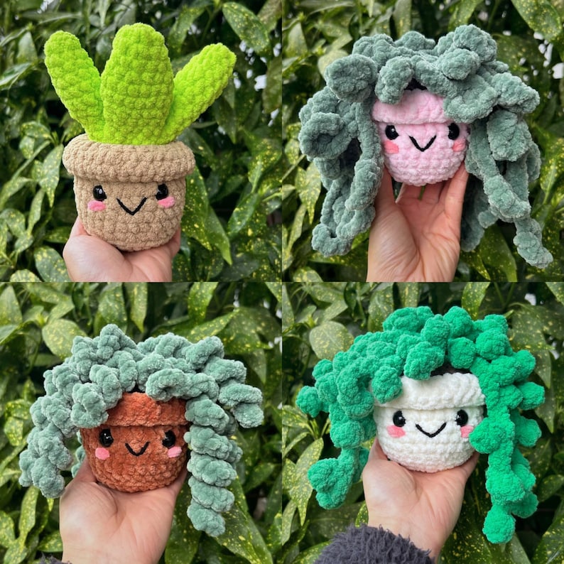 May include: Four crocheted succulent plants in pots with happy faces. The succulents are green and the pots are brown.