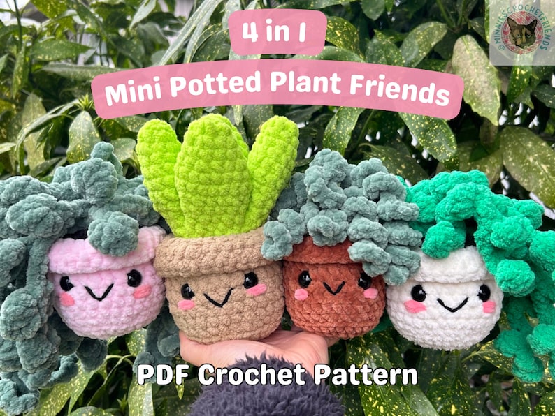 May include: Four crochet amigurumi potted plant patterns. The plants are green, brown, pink, and white. The pattern is called "Mini Potted Plant Friends" and is a PDF crochet pattern.