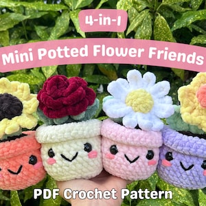 Pode incluir: Quatro padrões de amigurumi de vaso de flores de crochê. Os vasos são rosa, branco, roxo e verde. Cada vaso tem um rostinho bonito com olhos, nariz e sorriso. As flores são um girassol amarelo, uma rosa vermelha, uma margarida branca e um narciso amarelo. O texto na imagem diz "4-in-1 Mini Potted Flower Friends PDF Crochet Pattern".
