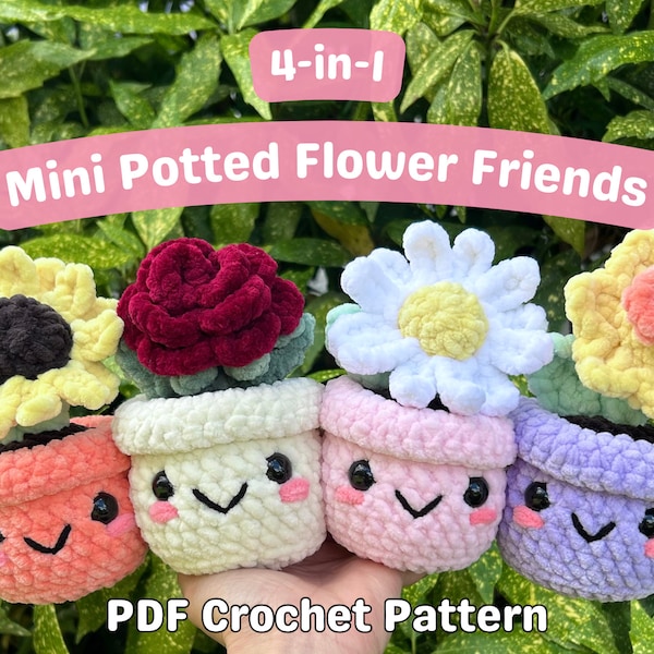 Mini bloemenvriendjes in pot pdf-haakpatroon (gehaakte bloemen, amigurumibloemen, gehaakte bloemen van grof garen, MinniesCrochetFriend)